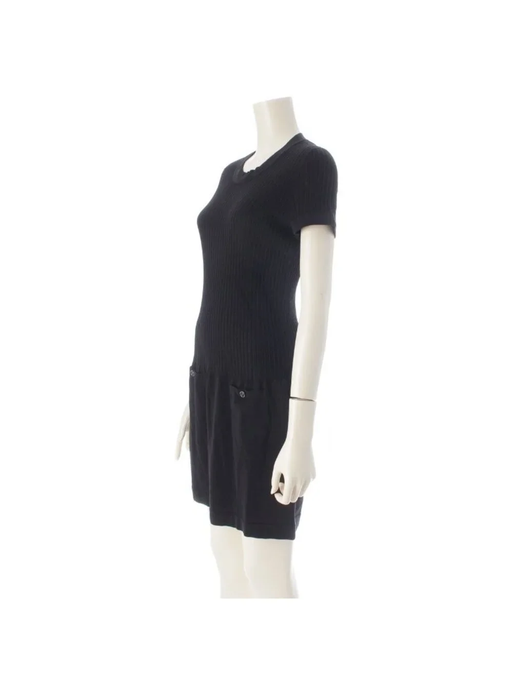 Chanel Circle CC Logo Short Sleeve Openwork Rib Knit Switch Dress Black 38